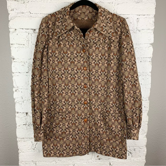 Fish Print Coat Vintage 70s Front Button Front Tunic Long Sleeve L - Picture 1 of 8